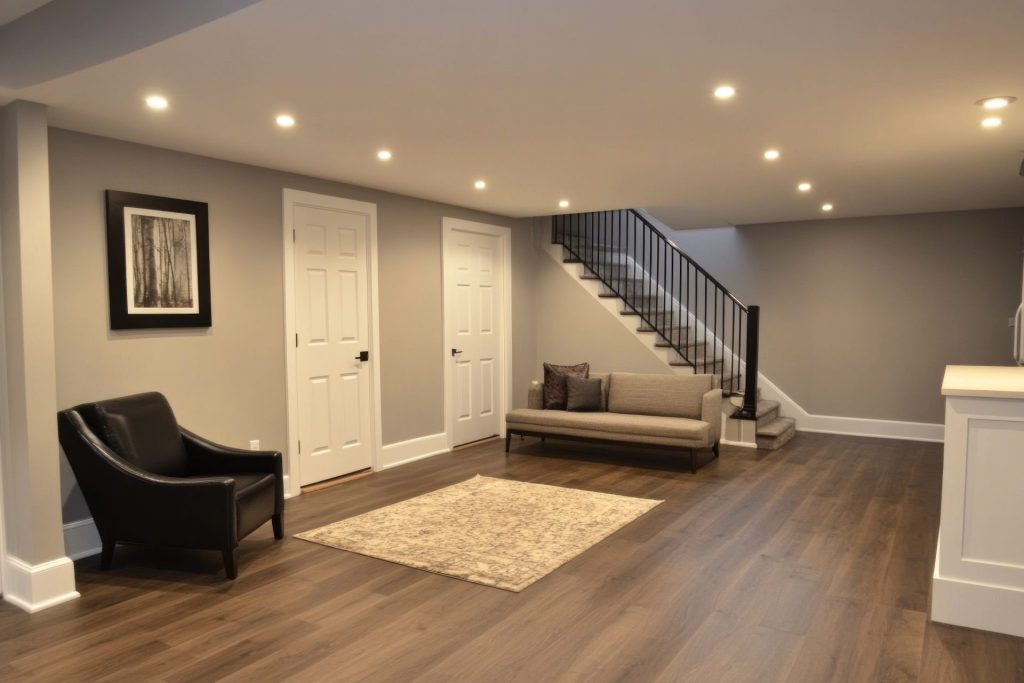 Finished basement with modern furniture and built-in storage